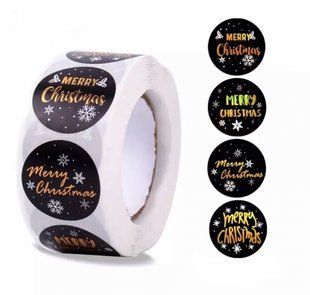 Наклейки для упаковки 25мм черные со снежинками Merry Christmas, 8 штук 9373 фото