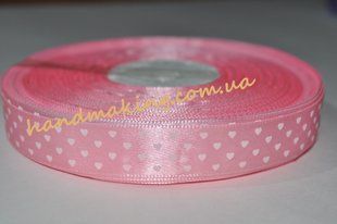 Лента атласная 15мм розовая в сердечко