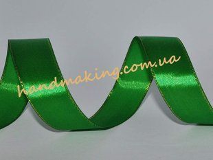 Лента атласная 2,5см зеленая с люрексом (золото) 8087 фото